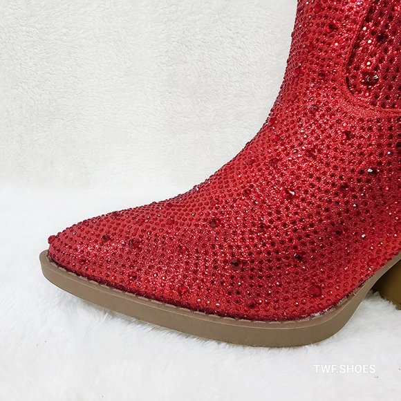 Dolly Red Rhinestone Glitter Disco Cowgirl Country Western Ankle Boots - Picture 4 of 11